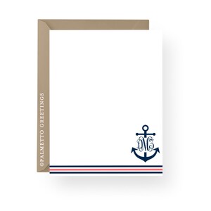 TRYCKT - Set med 8 nautiska ankarmonogram-anteckningskort, kusttema, personligt brevpapper - valfri färg