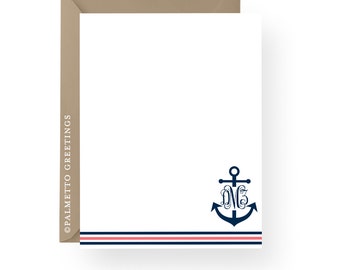 PRINTED - Set of 8 Nautical Anchor Monogram Notecards, Coastal Theme Custom Personalized Stationery - Any Color