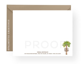 PRINTED - Set of 8 Notecards with Watercolor Palmetto Tree and Monogram, Personalized stationery by Palmetto Greetings