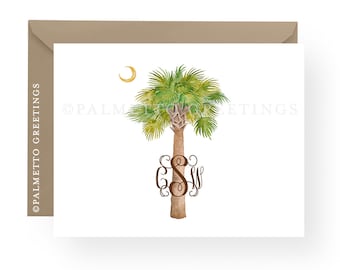 GEDRUCKT - Set von 10 gefalteten South Carolina Palmetto Baum und Mond Aquarell Notizkarten mit benutzerdefinierten Monogramm oder Paar Initialen, Strand Stil