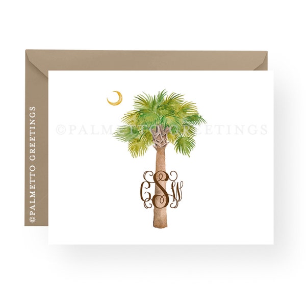 PRINTED - Set of 10 Folded South Carolina Palmetto Tree and Moon Watercolor Notecards with Custom Monogram or Couples Initials, Beach Style