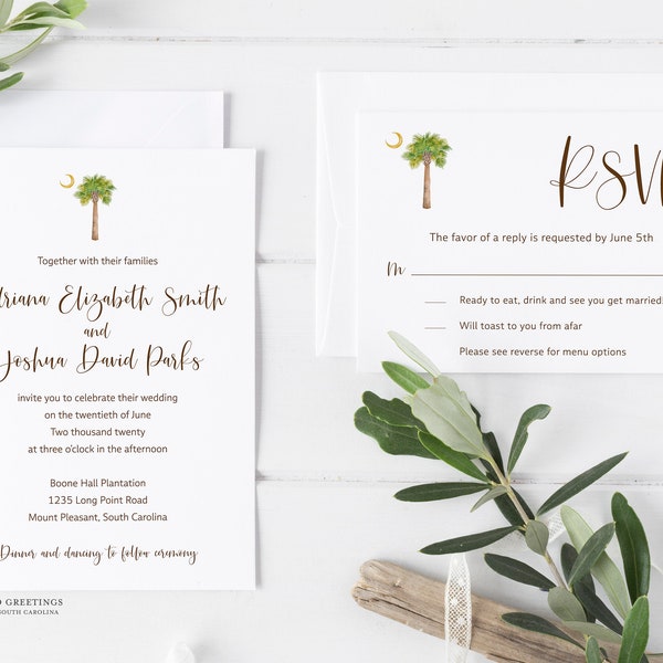 South Carolina Watercolor Palmetto Moon Wedding Invitations, SC Wedding Invites by Palmetto Greetings