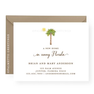 GEDRUKT - Set van 12 - A2, 4,25" x 5,5" Palm Tree en Sun New Address Cards, A New Home - Aangepast voor uw staat, eiland, land, verhuizing
