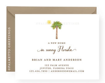 STAMPATO - Set di 12 - A2, 4,25" x 5,5" Palm Tree and Sun New Address Cards, A New Home - Personalizzato per il tuo stato, isola, paese, trasloco