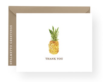 PRINTED - Set of 8 Folded Watercolor Pineapple Thank You Cards, Beach and Coastal Notecards, Southern Stationery, Pineapple Notecard Set