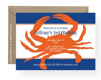 Birthday Party Invitation with beach theme crab (Seashore friends - crab) Available in any color