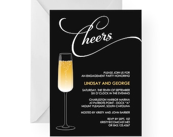 Champagne Engagement Party Invitation, Rehearsal Dinner, Anniversary Party Invitation, New Years Eve, Cocktail Party, Birthday (Cheers)