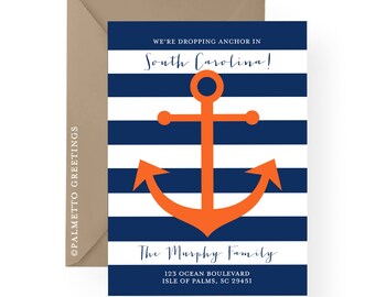 Nautical Anchor New Address Announcement, Navy and White Stripes, Dropping Anchor with Custom Colors and Text