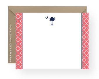 PRINTED - Set of 8 Notecards with South Carolina Palmetto Moon and Quatrefoil Pattern Custom South Carolina State Love Stationery-Any Color