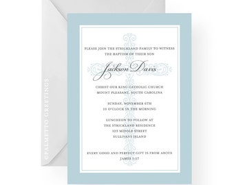 Classic Baptism, First Holy Communion, Confirmation Religious Invitation with Ornate Cross Background, Available in any color