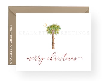 PRINTED-Set of 10 Folded Beach Christmas Cards, Palm Tree Christmas Cards, Coastal Christmas, Island Christmas, Handmade Size A2 4.25"x5.5"