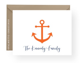 PRINTED - Set of 8 Folded Anchor Notecards Personalized, Coastal Stationery, Nautical Stationery Gift Set with custom colors and text