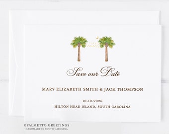 South Carolina Wedding Save the Date with Palmetto Trees Crescent Moon and String Lights Charleston SC Wedding Invites by Palmetto Greetings