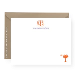 Cartões de nota com monograma clássico de 3 letras, Carolina do Sul, Palmetto Moon, personalizados pela Palmetto Greetings