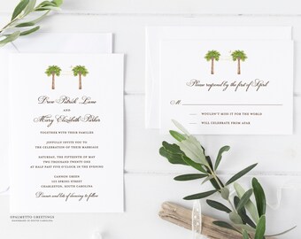 South Carolina Watercolor Palm Tree and String Lights, Palmetto Moon Wedding Invitations, SC Wedding Invites by Palmetto Greetings