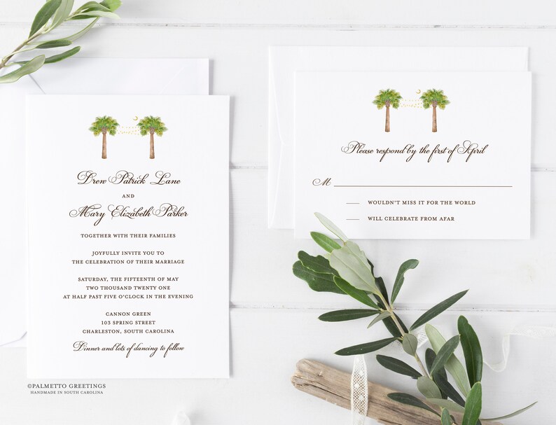 South Carolina Watercolor Palm Tree and String Lights, Palmetto Moon Wedding Invitations, SC Wedding Invites by Palmetto Greetings image 1