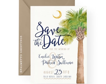 Save the Date, Wedding, Birthday, Lowcountry South Carolina, Palmetto Moon, Florida, Watercolor Palm Tree, Beach Destination Wedding