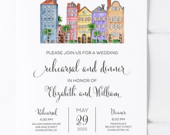 Rainbow Row Charleston South Carolina Original Watercolor Wedding Rehearsal Dinner Invitations Charleston Wedding SC Wedding Invites