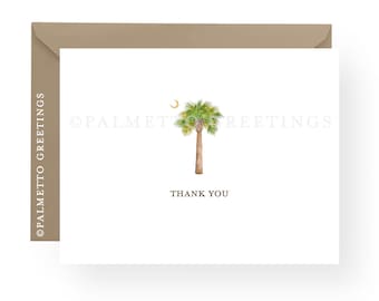 IMPRIMÉ - Ensemble de 10 palmetto et lune pliés de Caroline du Sud, aquarelle palmier et lune cartes de remerciement, cartes de note de plage et côtières