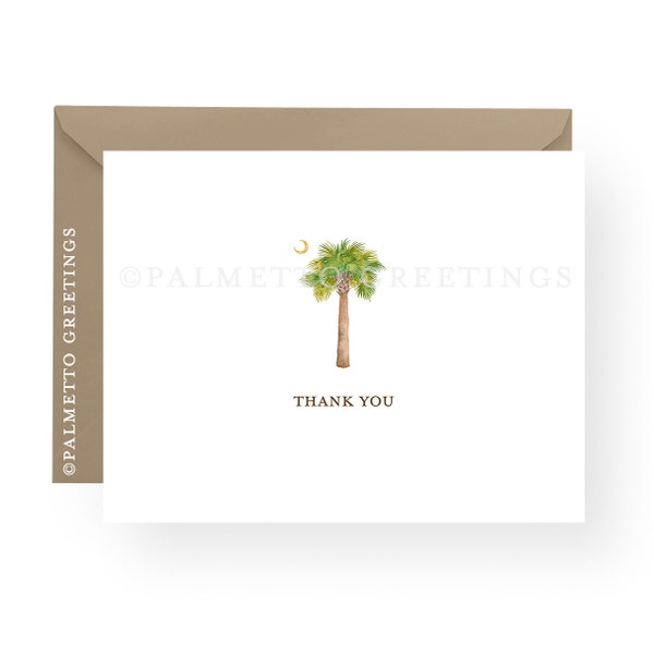 PRINTED - Set of 10 Folded South Carolina Palmetto Tree and Moon, Watercolor Palm Tree and Moon Thank You Cards, Beach and Coastal Notecards