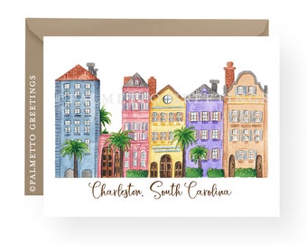 PRINTED - Set of 8 Folded Notecards, Charleston South Carolina Rainbow Row Original Watercolor Stationery by Palmetto Greetings