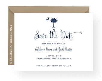 South Carolina Palmetto Tree and Crescent Moon Wedding Invitation Save the Date Postcard - custom colors and content by Palmetto Greetings