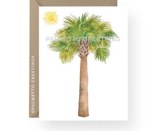 PRINTED-Set of 8 Folded Watercolor Palm Tree and Sun Cards, Florida Palm Tree and Sunshine, Thank You Card, Coastal Island Beach, Handmade