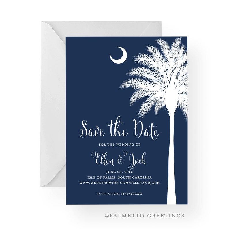 South Carolina Palmetto Moon Save the Date with Silhouette, Wedding, Engagement, Island Wedding, by Palmetto Greetings image 1