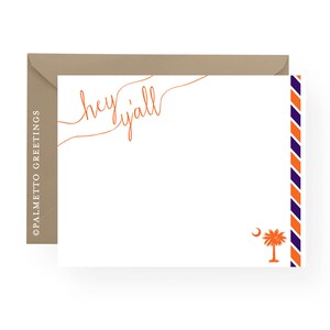 IMPRESO - Juego de 8 tarjetas de notas Hey Y&#39;all, papelería, tarjetas de notas en blanco de Carolina del Sur Palmetto Moon con rayas