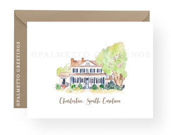 PRINTED Set of 8 - A2 Folded Notecards, Charleston South Carolina Legare Waring House Original Watercolor Stationery by Palmetto Greetings