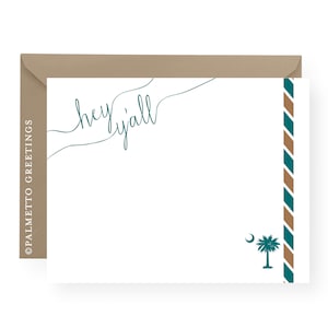 IMPRIMÉ - Ensemble de 8 cartes pour notes Hey Y'all, Papeterie, Caroline du Sud Coastal Carolina | Cartes de correspondance vierges Palmetto Moon avec rayures