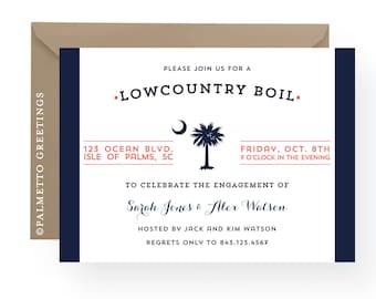 South Carolina Palmetto Moon Lowcountry Boil Invitation, Engagement, Rehearsal Dinner, Birthday, Anniversary Party by Palmetto Greetings