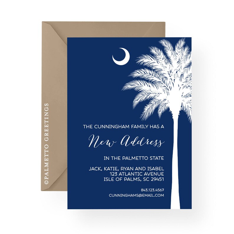 New Address Cards Custom colors and text by Palmetto Greetings Palm Tree Silhouette South Carolina Moving Announcement