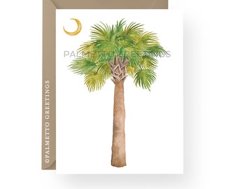 PRINTED-Set of 8 Folded South Carolina Palmetto Tree and Moon Cards, Florida Palm Tree Cards, Thank You Card, Coastal Island Beach, Handmade