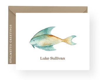 PRINTED - Set of 8 Folded Watercolor Fish Personalized Notecard Set, Beach and Coastal Stationery, Personal Stationery Gift Set