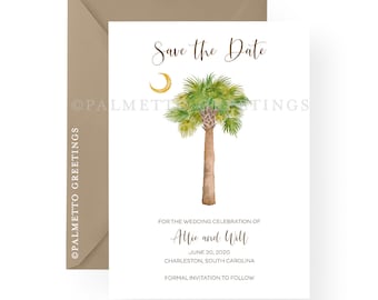 South Carolina Wedding Save the Date with Watercolor Palmetto Moon, Charleston Wedding, Kiawah, Hilton Head, Myrtle Beach,  Isle of Palms