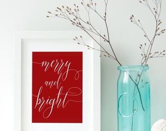 Instant Download - Printable Merry and Bright Simple Christmas Wall Art, Holiday Print, Minimalist, Simple Christmas Wall Decor