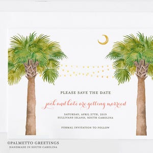 Save the Date, Wedding, Birthday, Bachelorette, Lowcountry South Carolina, Palmetto Moon, Florida, Watercolor Palm Trees with string lights