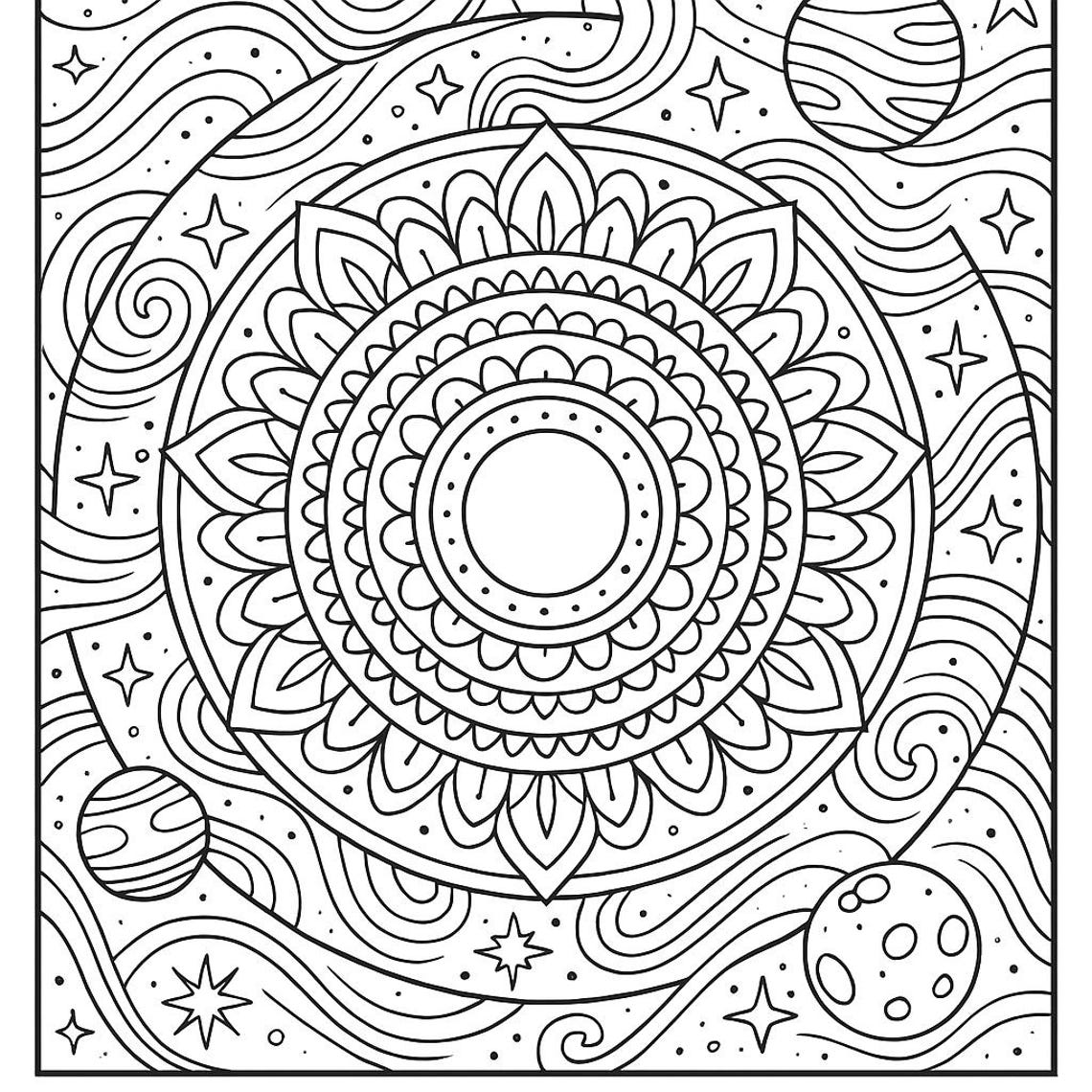 Space Mandala Coloring Page for Adults ??? Printable Stress Relief Art ...
