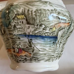 Ridgway Potteries Lidded Sugar Bowl. “Heritage” pattern featuring a Canadian Lakeside Scene circa 1842.