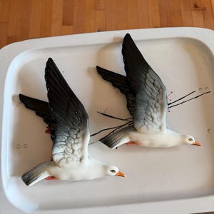 Könnte beinhalten: Zwei Wandskulpturen aus Keramik, die fliegende Möwen darstellen. Jeder Vogel hat einen weißen Körper, Flügel mit grauen und schwarzen Spitzen sowie einen orangefarbenen Schnabel. Die Skulpturen sind mit nach oben ausgestreckten Flügeln geformt.