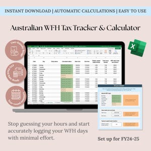 以下が含まれることがあります： オーストラリアの WFH 税金トラッカーと計算機のスプレッドシートが表示されたラップトップ画面。画像には「インスタントダウンロード」、「自動計算」、「使いやすい」というテキストが含まれています。追加のテキストは「時間を推測するのをやめて、最小限の労力で WFH の日を正確に記録し始めましょう」と書かれています。