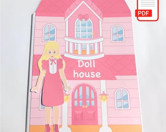 May include: A pink dollhouse with a matching pink roof and a cutout doll in a pink dress. The words "Doll house" are printed on the front of the house. The words "DIGITAL DOWNLOAD" are printed at the bottom.