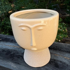 May include: A cream-colored ceramic planter featuring a stylized human face with closed eyes and a prominent nose. The upper portion has a smooth, speckled finish, while the base is textured and matte. The interior is hollow and smooth.