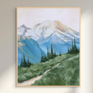 May include: A painting of a mountain range with a winding path leading up to the peak. The mountains are painted in shades of blue and white, with a hint of green foliage at the base. The path is a light brown color, and the sky is a soft blue.