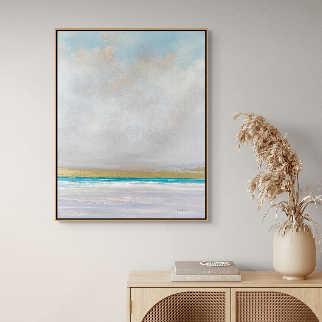 Abstract Seascape Original Oil Painting on Canvas Gold Aqua Pink ...