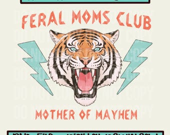 Clube das Mães Selvagens PNG | Design de Camiseta Mãe da Devastação | Gráfico Retrô de Tigre e Raio | Sublimação Moderna para Mães | Download PNG DTF