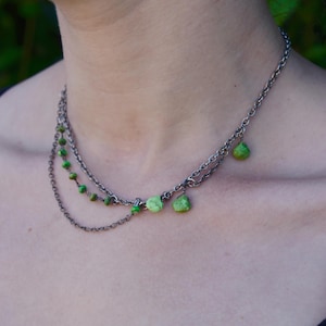 Layered Chain Choker with Lime Turquoise – Mixed Metal and Gemstone Necklace – Edgy Handmade Jewelry