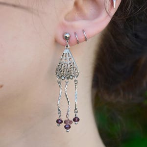 Filigree Cascade Earring – Silver Drop with Purple Beads