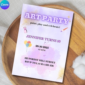 Art Party Girl Verjaardagsuitnodiging Bewerkbare Kids Painting Feestuitnodiging Canva-sjabloon Kleurrijk krijtborstel Canva